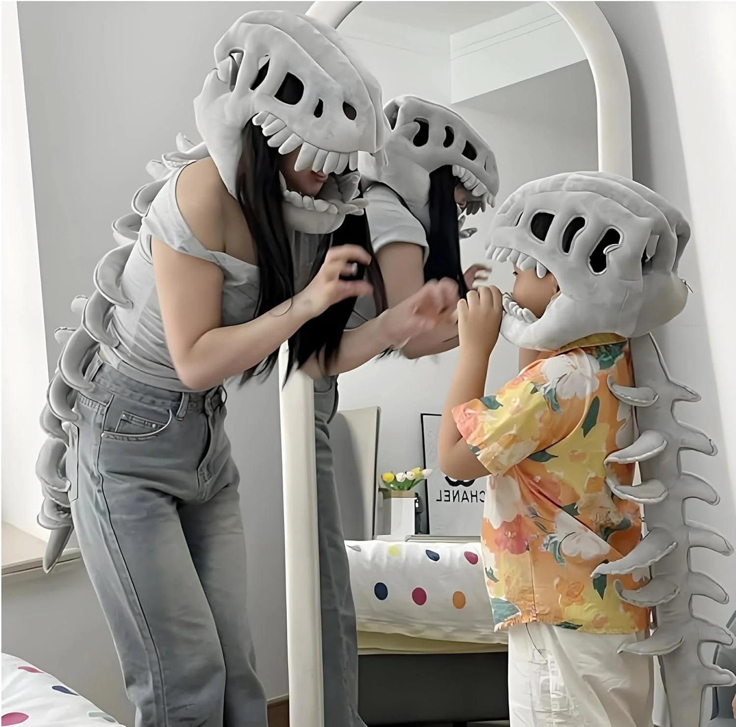 Realistic 3D Dinosaur Skeleton Costume Set- Skull Props Plush Toys Perfect Holiday Gift(Aldult(With Sound Effect))